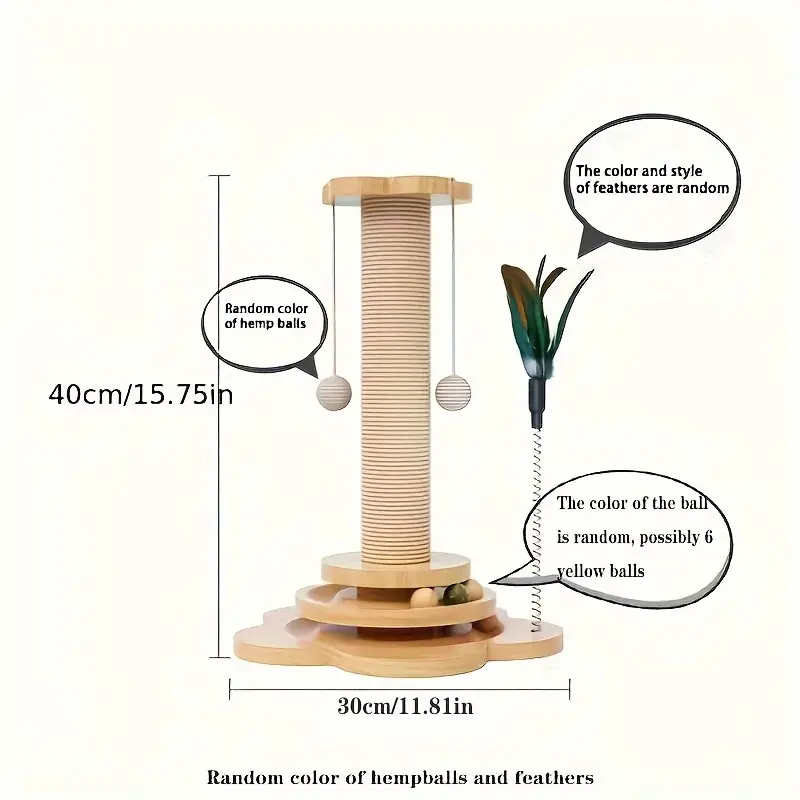 Solid Wood Standing Cat Scratcher & Turntable & Interactive Teaser Stick 40cm